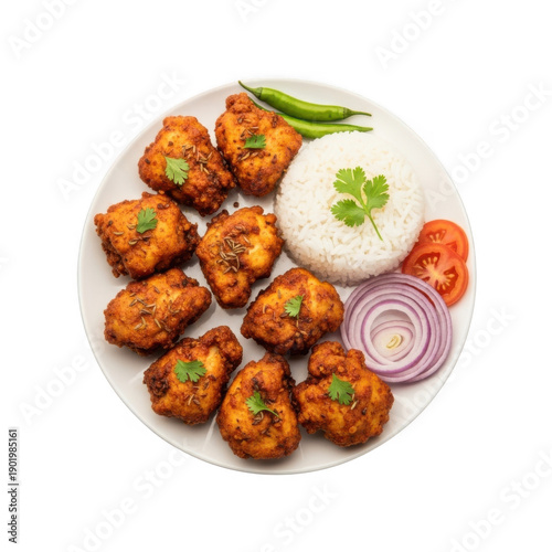 Plate of spicy fried chicken with rice and vegetables
