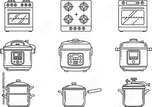 Minimal outline cooking appliance icon set featuring oven, stove, pressure cooker, multicooker, and pots for kitchen equipment, home cooking, and culinary design