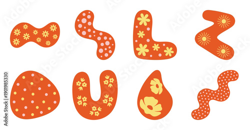 Retro Groovy Abstract Sticker Set, Floral Pattern Elements