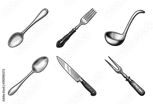 Vintage engraving style collection of kitchen cutlery and serving utensils including spoons, forks, knife, and ladle