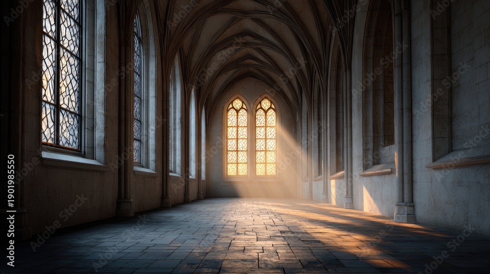 Obraz premium Serene Gothic Architecture Interior with Sunlight Streaming Through Ornate Windows in an Empty Sacred Space