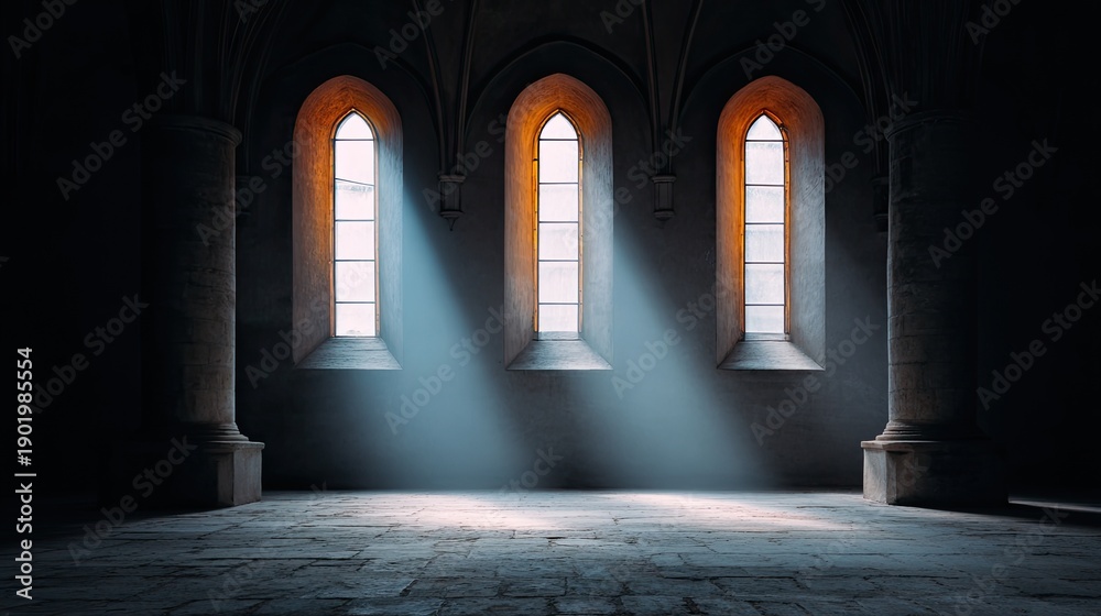Fototapeta premium A Serene Interior View of an Ancient Stone Hall with Tall Windows Casting Light Beams into the Shadowy Room and Highlighting the Architectural Details