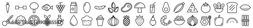 Healthy food and nutrition line icon set. Vector pictograms of vegetables, fruits, dairy, meat, seafood, and grains, thin outline black and white illustration.