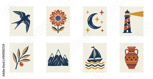 Vintage Mediterranean Aesthetic Stamp Collection for Summer Travel and Stationery Design