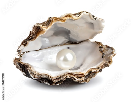 A large white pearl inside an open oyster shell on a white background