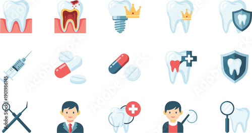 Dental Care and Tooth Treatment Icon Set with Healthy Teeth, Cavities, Implants, Protection Shields, Medicine, Syringe, and Professional Dentistry Services
