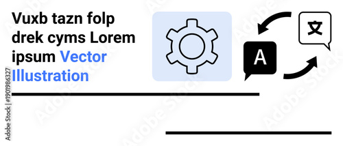 Gear icon with blue background linked to speech bubbles and arrows indicating language translation. Ideal for localization, technology, globalization, automation, communication, AI tools, or simple