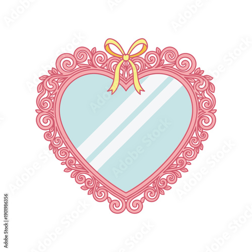 heart shaped mirror with ornate pink ornate frame, golden bow on top, and light blue reflective glass with subtle stripes.