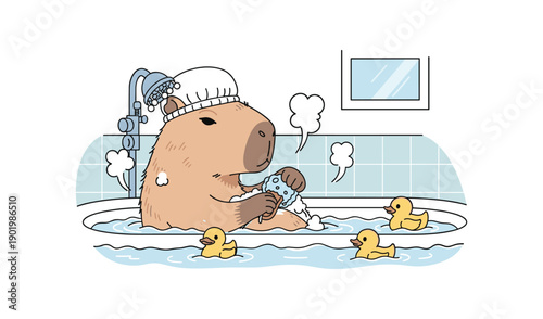 Cute Capybara Taking a Relaxing Bath with Rubber Ducks