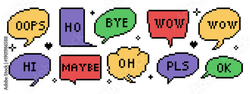 8-bit comic pixel speech bubble set. Retro talk balloons, chat boxes, text frames and dialog clouds.