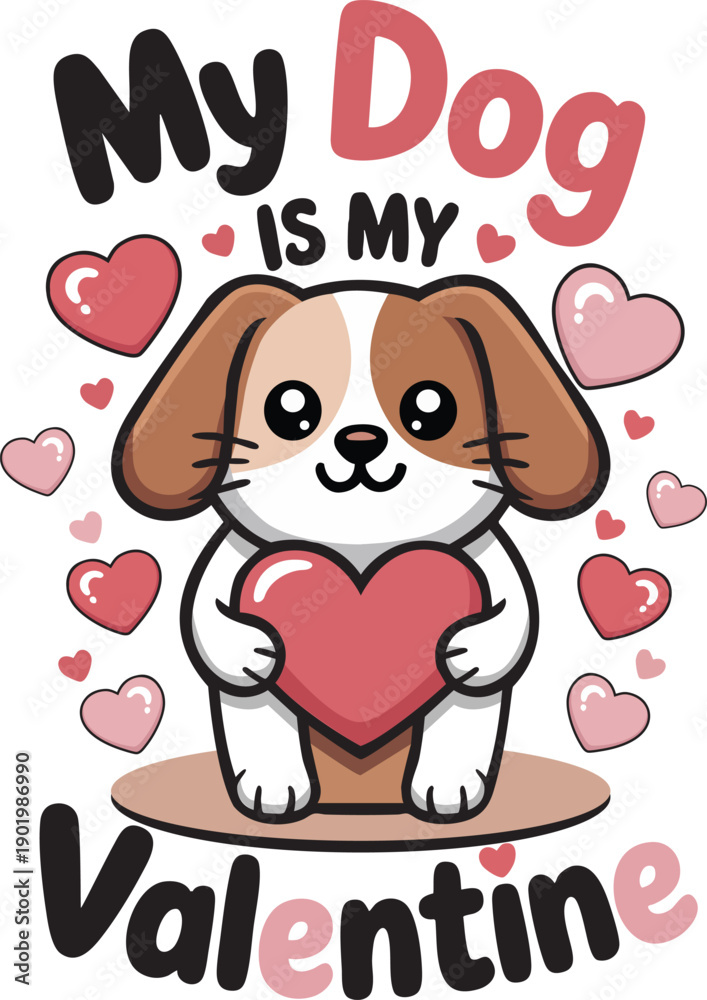 Obraz premium Cute Puppy Holding Heart Valentine's Day Illustration. Perfect for t-shirt design, greeting cards, and pet lovers.