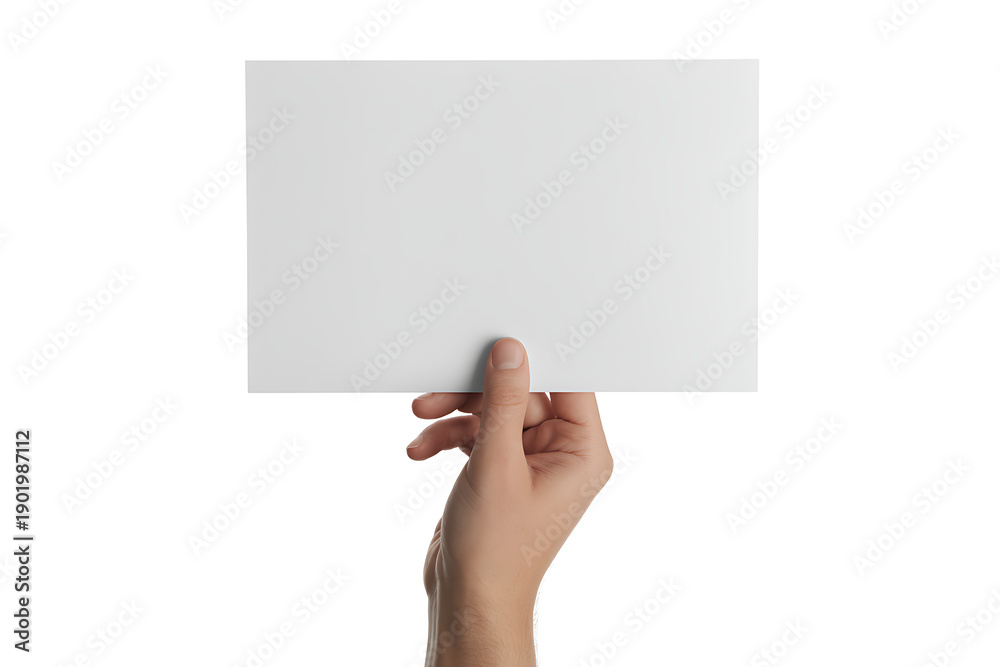 Obraz premium Hand holding a blank white paper card for text or design, isolated on white, concept for communication or presentation
