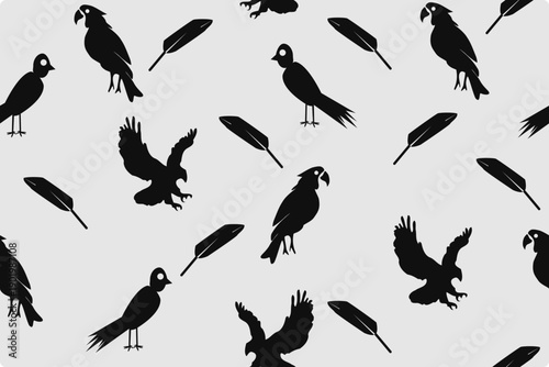 Seamless pattern with bird silhouettes and feathers on neutral background. Elegant animal illustration perfect for fabric, wallpaper, fashion design, stationery, and decorative backgrounds.
