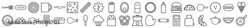 Kitchen and food line icon set. Vector pictograms of burger, pizza, coffee, utensils, baking tools, snacks, and grocery items, thin black outline illustration.