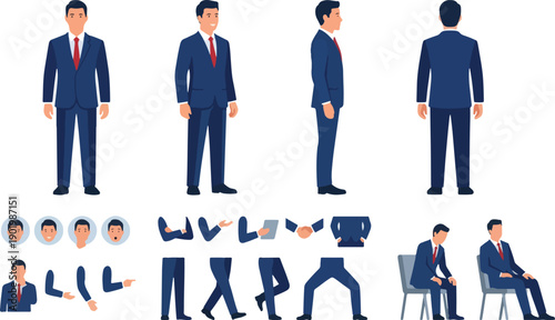 Cartoon male character kit. Man in casual clothing, different hands, legs poses and facial emotion. Characters constructor vector set