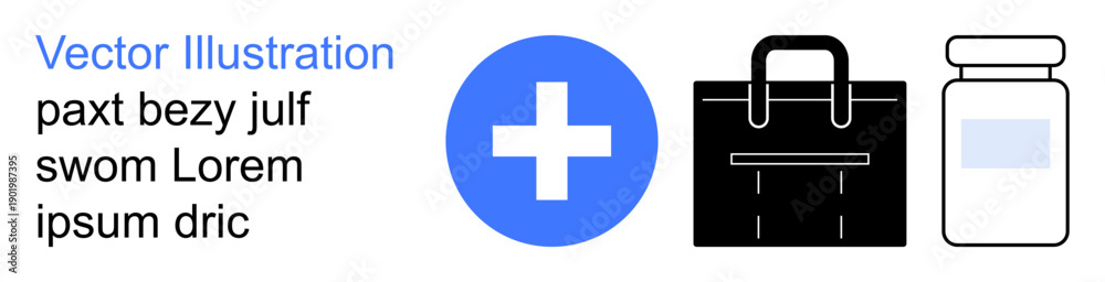 Fototapeta premium Healthcare, medicine, emergency preparedness, medical services, pharmacy, health care access. Blue cross symbol next to simple briefcase and medicine bottle icons. Healthcare and emergency