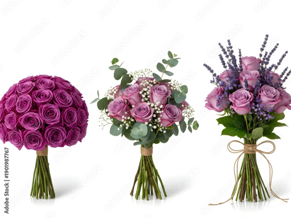 Obraz premium Three beautiful bouquets of flowers arranged in vases on a white background