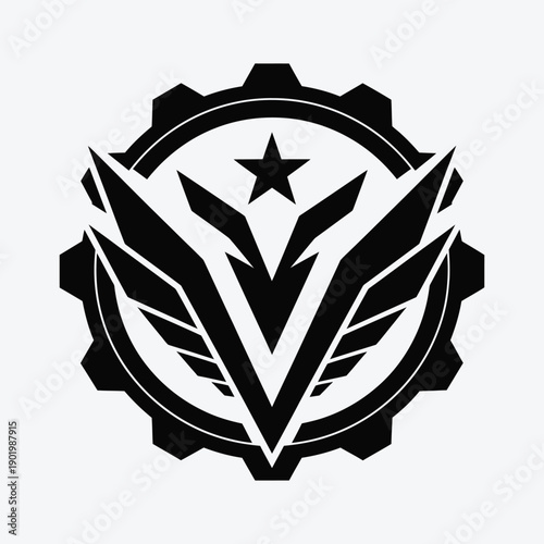 Black and white gear shaped emblem with a stylized V and star in the center symbol V shape