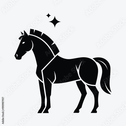Black and white horse silhouette with a star above its head outline