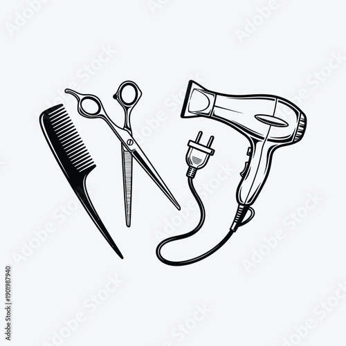 Black and white of hair comb scissors and hair dryer with cord