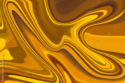 Abstract golden liquid swirl with flowing curves and shiny marble texture background