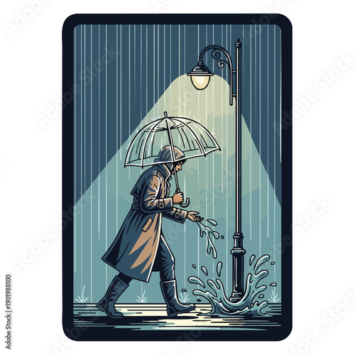 Man with umbrella walking in the rain under a street lamp.