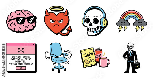 Cartoon Sticker Set with Existential Humor and Skulls