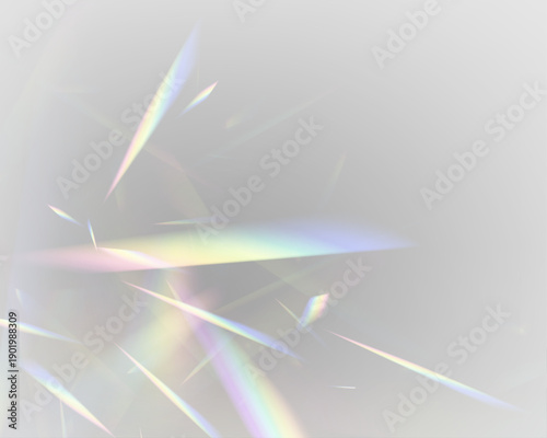 Crystal diamond prism glows neon rainbow light across glitter glass. Refractions add radiant holographic depth. PNG vector lens captures sparkle, glare, flare effect on luminous surfaces. 