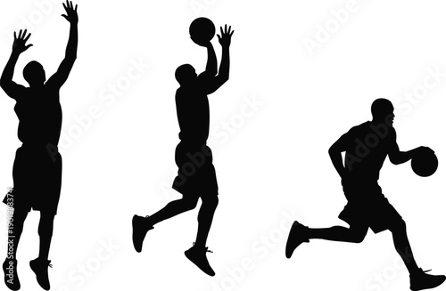 Black silhouette collection of basketball players jumping, shooting, and dribbling ball, dynamic sports action poses isolated on clean background