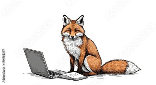 Clever Fox Using Laptop Computer for Work or Study.