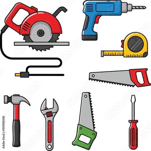Assorted carpentry tools including saw, drill, and hammer displayed neatly on a clean white background from a straightforward viewpoint.