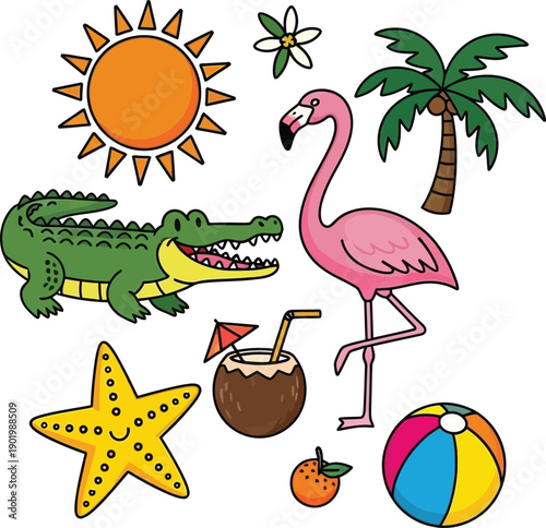 Summer vacation illustration featuring flamingo, palm tree, starfish, alligator, and coconut