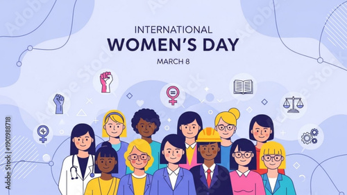 Diverse group of women celebrating international women's day with symbolic icons around them on a purple background