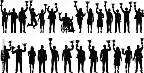 Silhouettes of business people holding trophies in celebration, success achievement and award ceremony concept isolated on clean background illustration