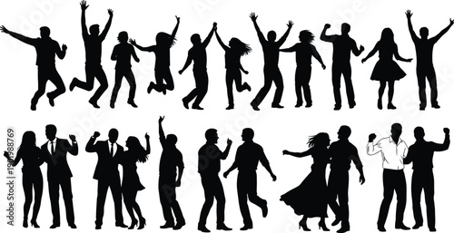 Silhouettes of dancing people celebrating party and music, energetic crowd movement collection isolated on clean background vector illustration