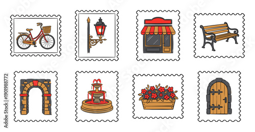 Hand Drawn European Cityscape Elements Postage Stamp Collection for Travel Scrapbooking and Journaling
