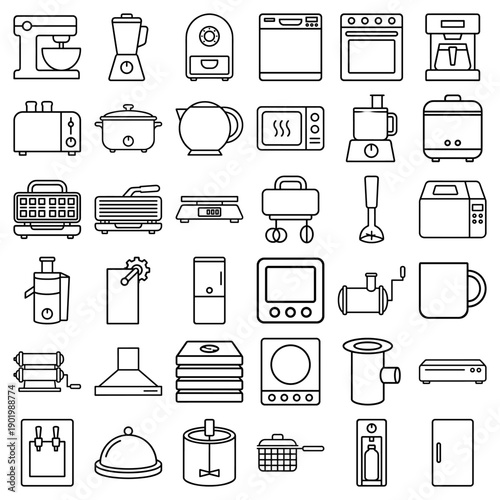 Kitchen appliance line icon set. Vector pictograms of blender, mixer, toaster, microwave, oven, kettle, coffee maker, and food processor, thin outline illustration.