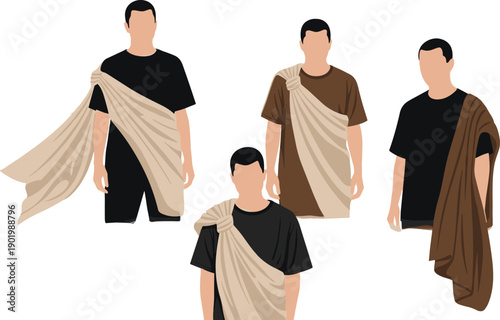 Vector illustration of ancient Roman men wearing toga garments, classical historical clothing styles isolated on plain background cultural heritage concept