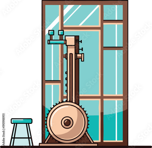 Vintage stationary exercise bike in home gym interior near window, fitness training equipment illustration in modern flat vector style design