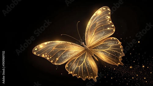 Golden glowing butterfly with ethereal wings on black background