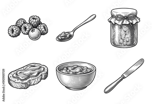 Vintage woodcut style illustration of raspberry jam set featuring fresh berries jar spoon bowl and toast