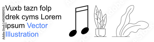 Music, home decor, creativity, relaxation, modern art, minimalism. Black musical note with two potted plants in a minimal linear style. Music and home decor visual ideas