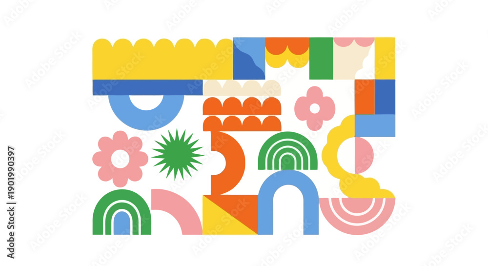 Fototapeta premium A vibrant abstract composition featuring colorful geometric shapes and playful organic forms arranged in a playful pattern.