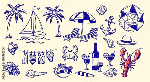 A charming collection of hand-drawn summer vacation and beach-themed illustrations, featuring a sailboat, palm trees, lounge chairs, and various seaside elements.
