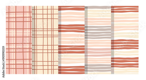 A collection of five vertical fabric patterns featuring plaid and striped designs in soft pastel colors.