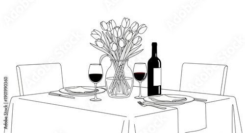 A romantic table setting for two with wine glasses, a bottle of wine, and a bouquet of tulips.