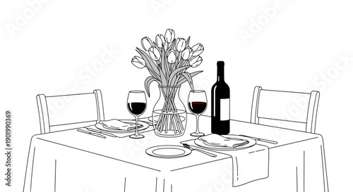 A romantic table setting for two with wine, flowers, and place settings.