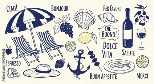 A charming illustration of Italian summer vacation elements, including beach chairs, an umbrella, food, wine, and greetings in Italian.