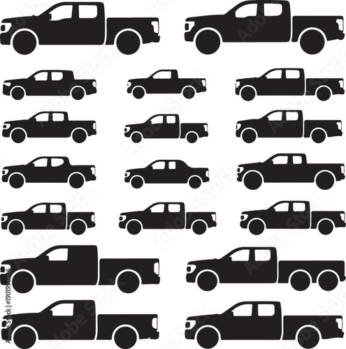 black silhouettes of various pickup trucks on white background