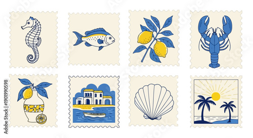 A collection of eight postage stamps featuring various Mediterranean-themed illustrations including marine life, citrus, and coastal scenes.